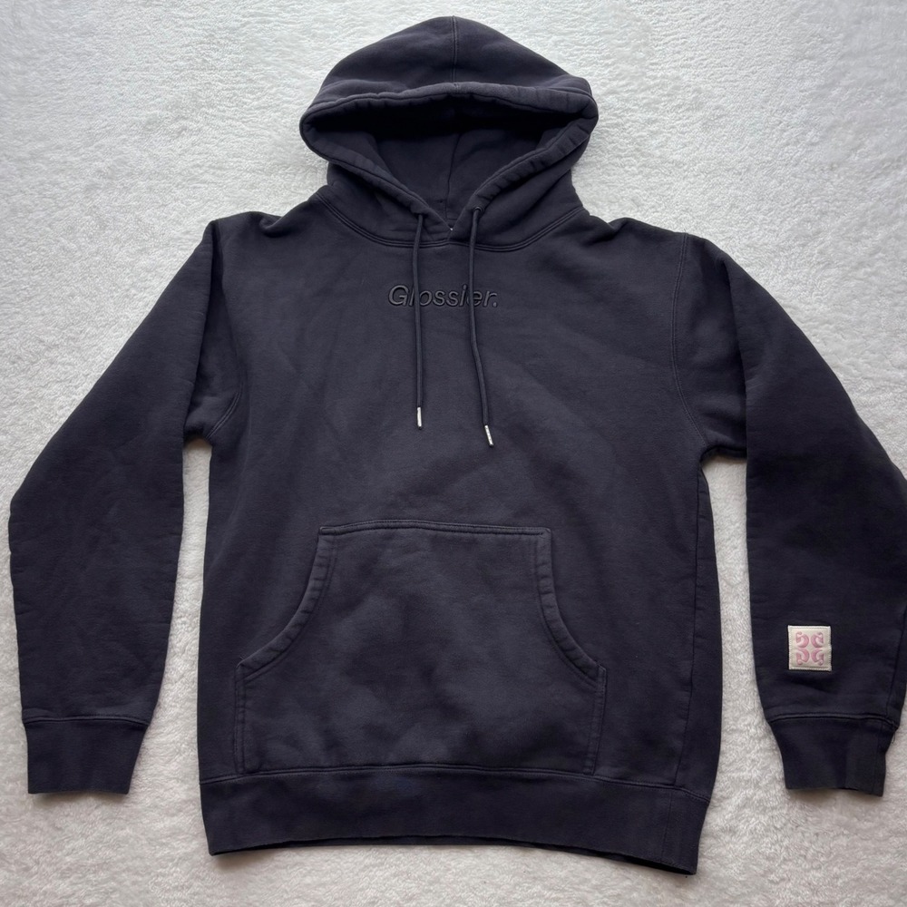 Glossier Embroidered Logo Hoodie Charcoal Grey Cotton Blend Pullover Small